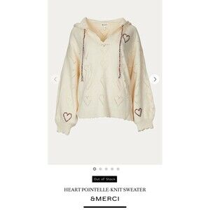 &Merci Embroidered Heart Pointelle Knit Sweater  Hoodie Ivory Cream Women’s Sz L